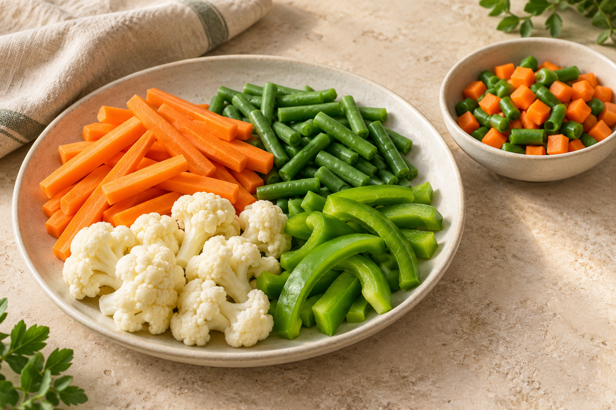 Freshly cut vegetables arranged on a ceramic platter