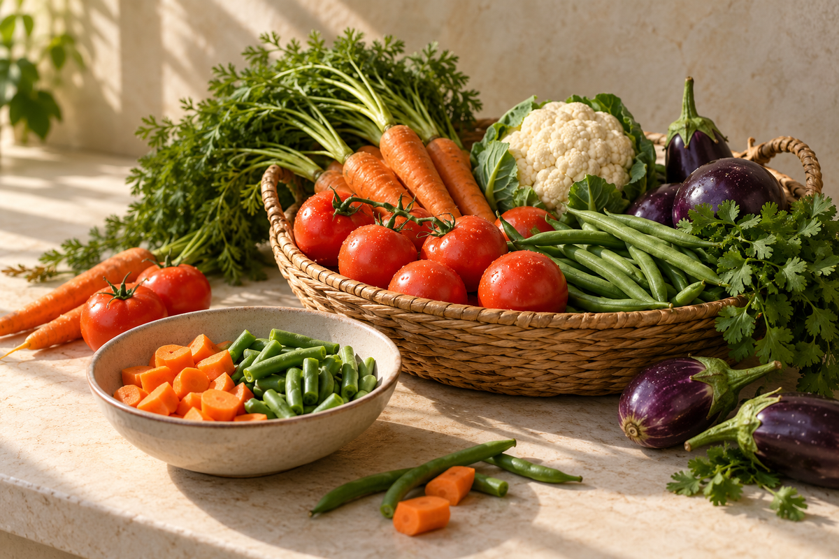Fresh whole vegetables in a basket with a bowl of cut vegetables
