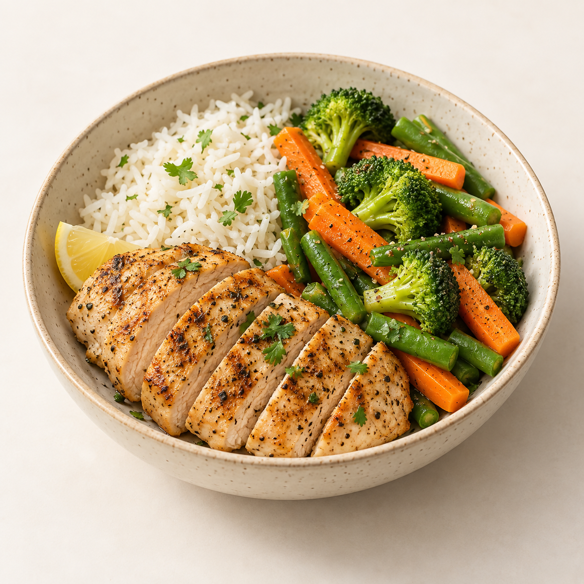 Lemon pepper chicken breast bowl with rice and cooked vegetables.