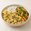 Pepper onion egg bhurji bowl with rice, carrots, green beans and broccoli.