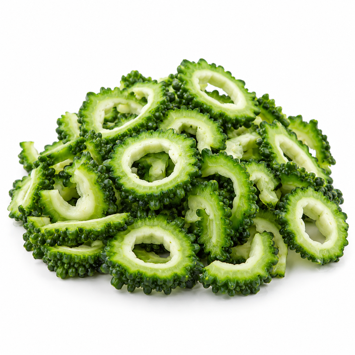 ಕತ್ತರಿಸಿದ ಹಾಗಲಕಾಯಿ — Fresh-cut Bitter Gourd on a white background