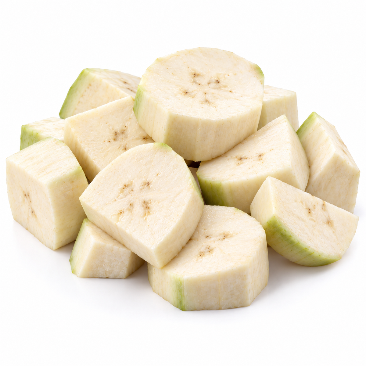 ಕತ್ತರಿಸಿದ ಬಾಳೆಕಾಯಿ — Fresh-cut Raw Banana on a white background